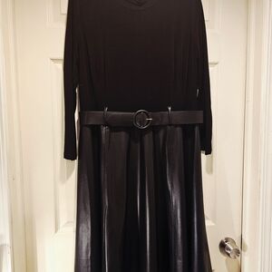 Calvin Klein Black Mock-Neck Midi-Dress with Pleather A-line Skirt